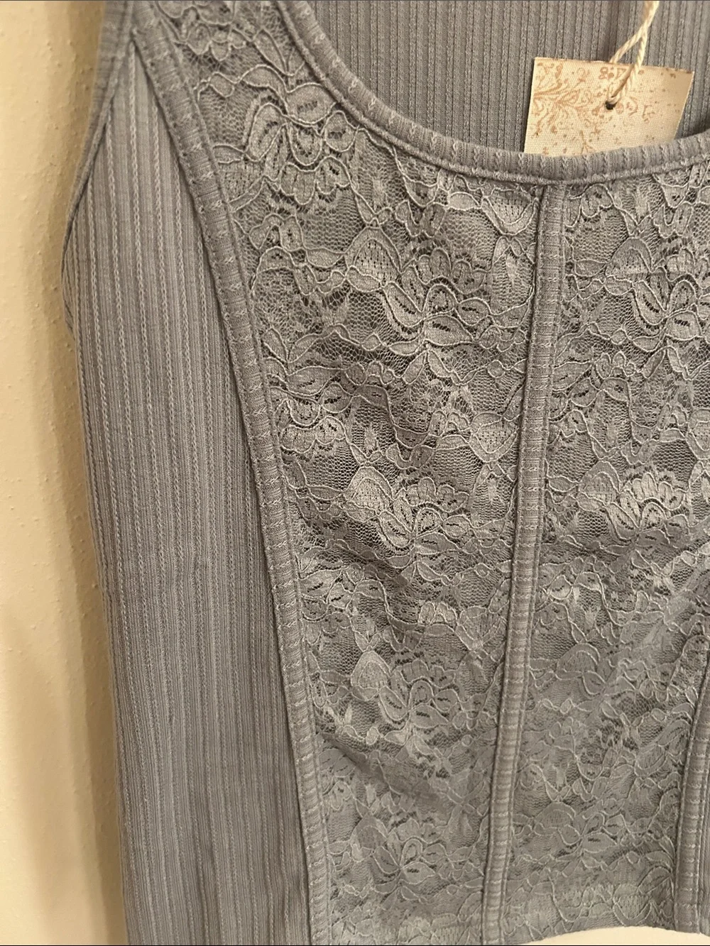 Hem & Thread Ribbed Lace-Panel Tank Top - Light Gray - Picture 3 of 7